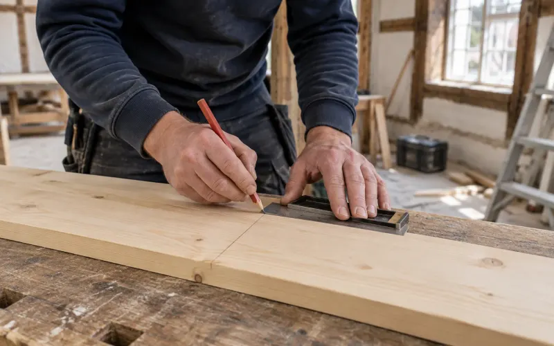 Carpenter marking a board with a pencil and square on a workbench