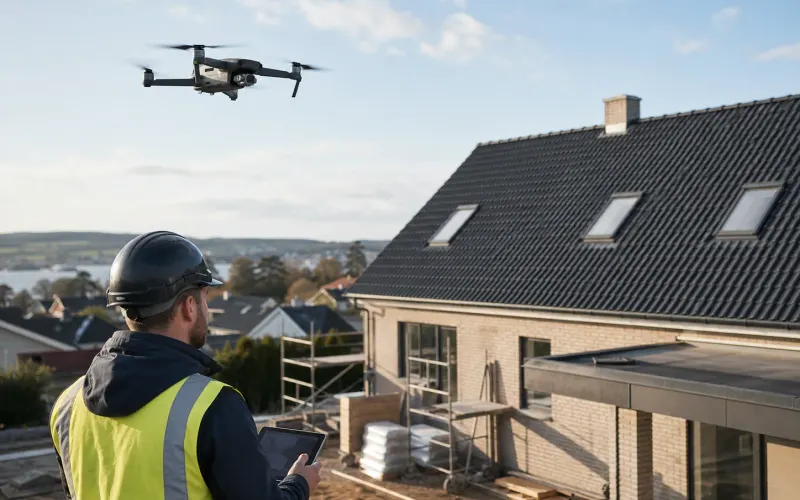 Drone inspection above a roof at a construction project