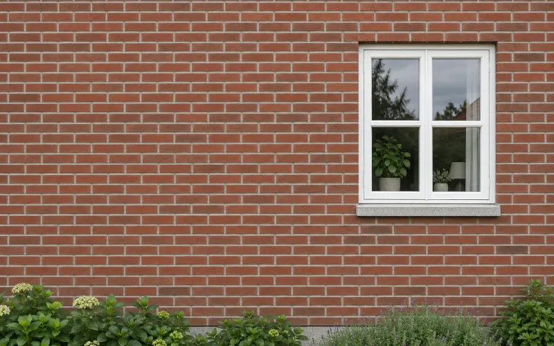 Finished red brick facade with a white window and garden planting