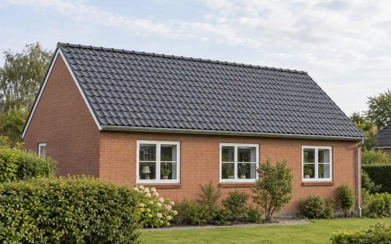 Danish brick house with a new charcoal grey tiled roof and zinc gutters